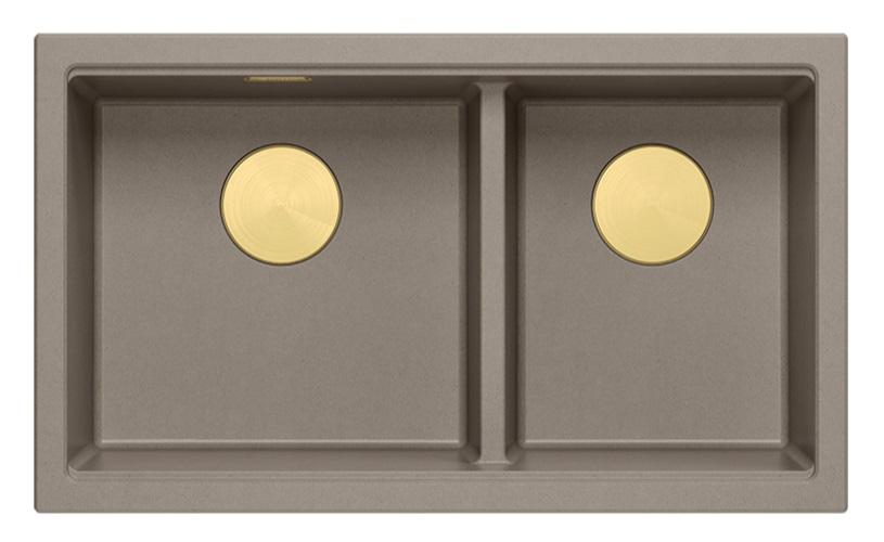 Lavello sottopiano Quadri Newport II Doppio in granito Taupe 702 x 390 mm con tappo dorato 1208971382 - Productafbeelding