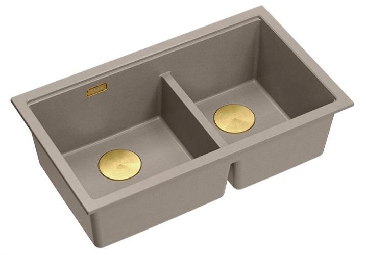 Lavello sottopiano Quadri Newport II Doppio in granito Taupe 702 x 390 mm con tappo dorato 1208971382 - Productafbeelding 2