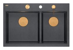 Lavabo da appoggio in granito antracite doppio Quadri Hard Rock 76x50 cm con tappo di rame e accessori 1208971388