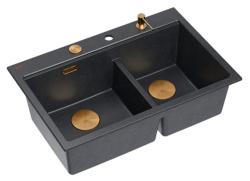Lavabo da appoggio in granito antracite doppio Quadri Hard Rock 76x50 cm con tappo di rame e accessori 1208971388