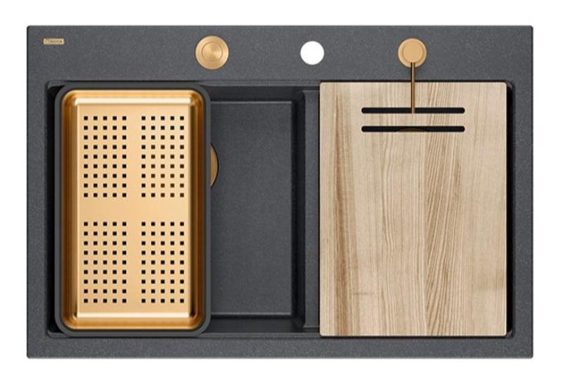 Lavabo da appoggio in granito antracite doppio Quadri Hard Rock 76x50 cm con tappo di rame e accessori 1208971388