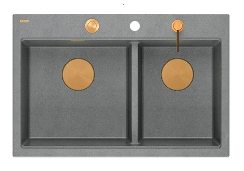 Lavabo doppio Quadri Hard Rock in granito grigio da incasso 76x50 cm con tappo di rame e accessori 1208971389