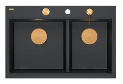 Lavabo da incasso in granito nero doppio Quadri Hard Rock 76x50 cm con tappo di rame e accessori 1208971390