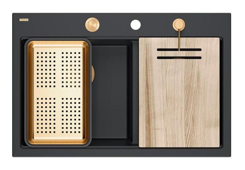 Lavabo da incasso in granito nero doppio Quadri Hard Rock 76x50 cm con tappo di rame e accessori 1208971390