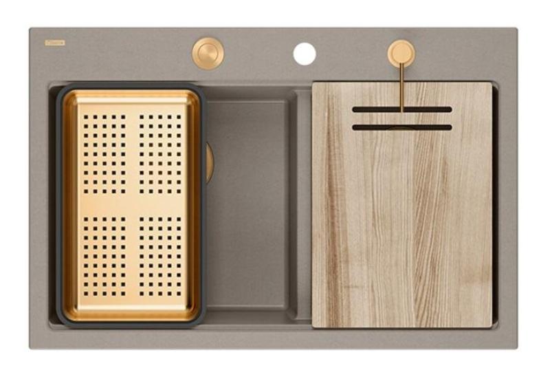 Lavabo doppio Quadri Hard Rock in granito color taupe da installare 76x50 cm con tappo di rame e accessori 1208971391