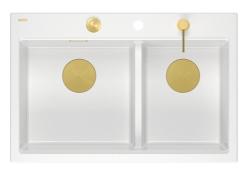 Lavabo doppio in granito bianco Hard Rock Quadri 76x50 cm con tappo dorato e accessori 1208971392