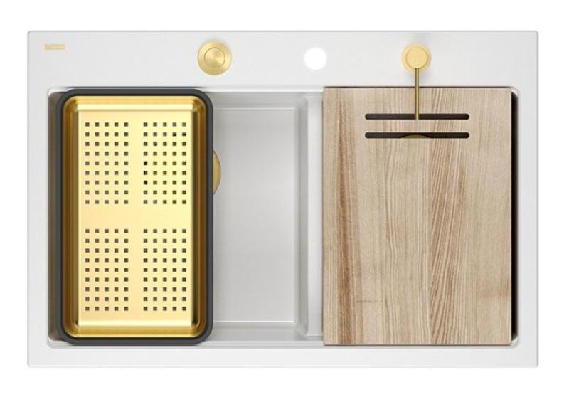 Lavabo doppio in granito bianco Hard Rock Quadri 76x50 cm con tappo dorato e accessori 1208971392