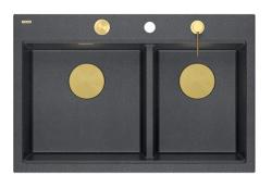 Lavabo da incasso doppio Quadri Hard Rock in granito antracite 76x50 cm con tappo dorato e accessori 1208971393
