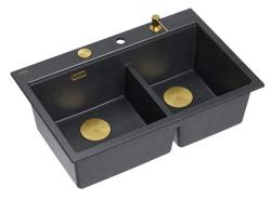 Lavabo da incasso doppio Quadri Hard Rock in granito antracite 76x50 cm con tappo dorato e accessori 1208971393