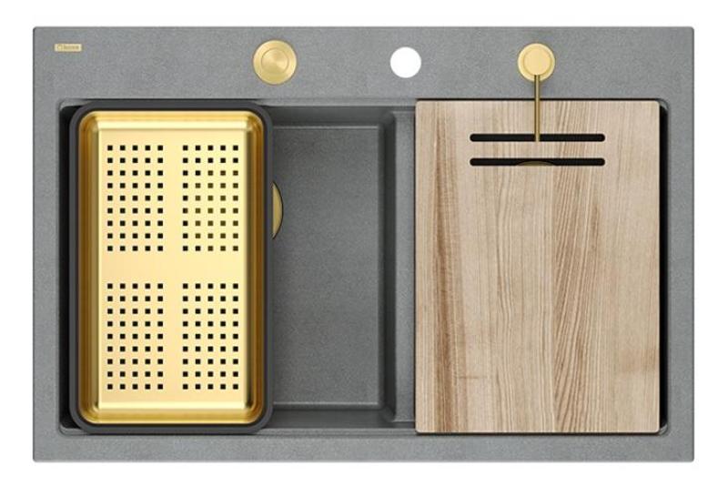 Lavello da appoggio in granito grigio doppio Hard Rock Quadri 76x50 cm con tappo d'oro e accessori 1208971394