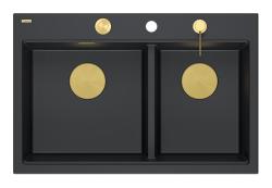 Lavandino da appoggio in granito nero doppio Quadri Hard Rock 76x50 cm con tappo dorato e accessori 1208971395