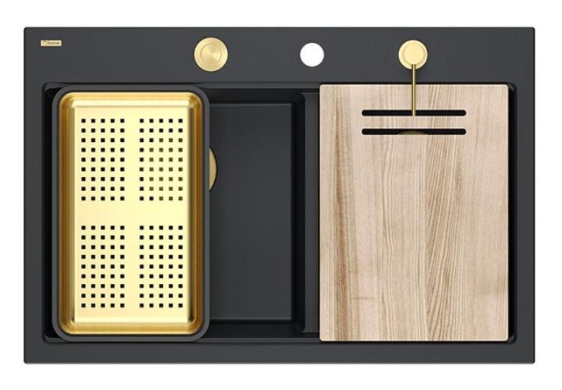 Lavandino da appoggio in granito nero doppio Quadri Hard Rock 76x50 cm con tappo dorato e accessori 1208971395