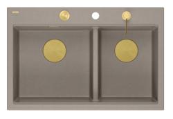 Lavabo da appoggio in granito taupe doppio Quadri Hard Rock 76x50 cm con tappo dorato e accessori 1208971396
