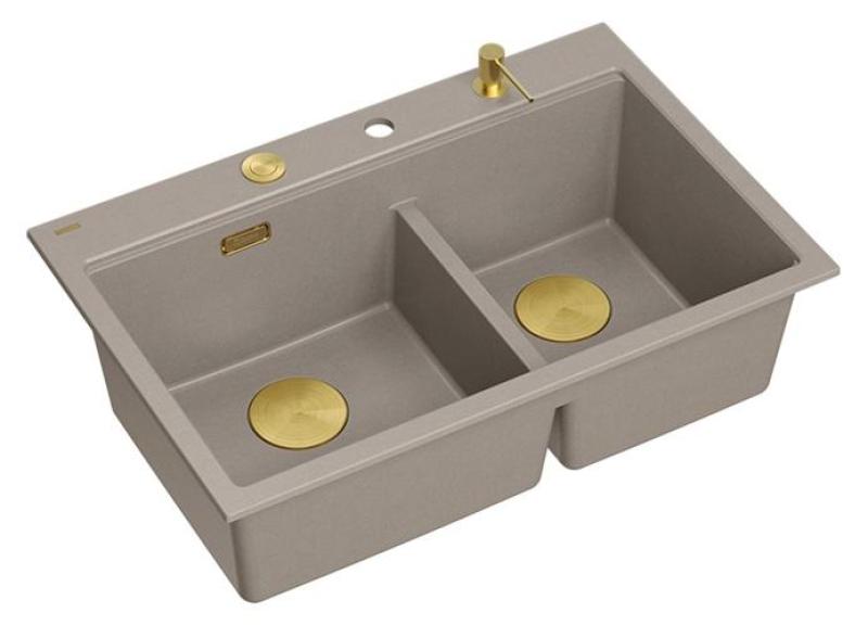 Lavabo da appoggio in granito taupe doppio Quadri Hard Rock 76x50 cm con tappo dorato e accessori 1208971396