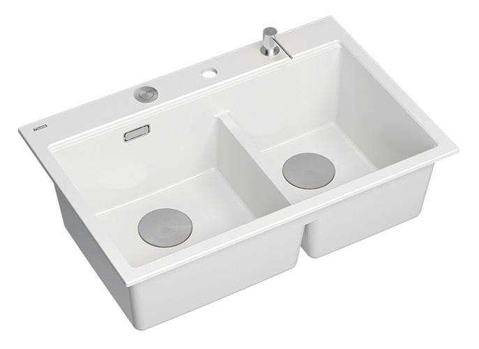 Lavello da appoggio Quadri Hard Rock in granito bianco doppio 76x50 cm con tappo in acciaio inossidabile e accessori 1208971398 - Productafbeelding 3