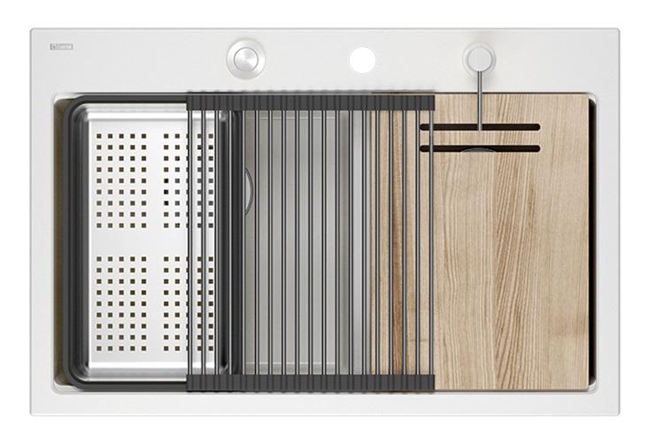 Lavello da appoggio Quadri Hard Rock in granito bianco doppio 76x50 cm con tappo in acciaio inossidabile e accessori 1208971398 - Productafbeelding 2