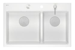 Lavello da appoggio Quadri Hard Rock in granito bianco doppio 76x50 cm con tappo in acciaio inossidabile e accessori 1208971398