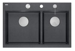 Lavello da incasso Quadri Hard Rock doppio in granito antracite 76x50 cm con tappo in acciaio inossidabile e accessori 1208971399