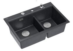 Lavello da incasso Quadri Hard Rock doppio in granito antracite 76x50 cm con tappo in acciaio inossidabile e accessori 1208971399
