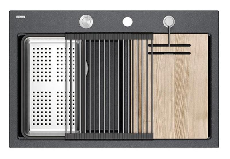 Lavello da incasso Quadri Hard Rock doppio in granito antracite 76x50 cm con tappo in acciaio inossidabile e accessori 1208971399