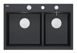 Lavabo da incasso in granito nero doppio Quadri Hard Rock 76x50 cm con tappo in acciaio inossidabile e accessori 1208971401