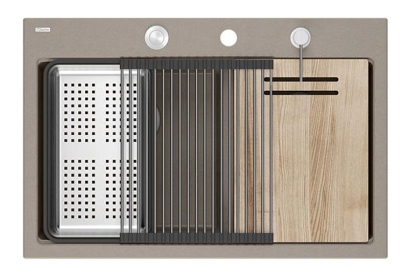 Lavello da incasso Quadri Hard Rock doppio in granito Taupe 76x50 cm con tappo in acciaio inossidabile e accessori 1208971402