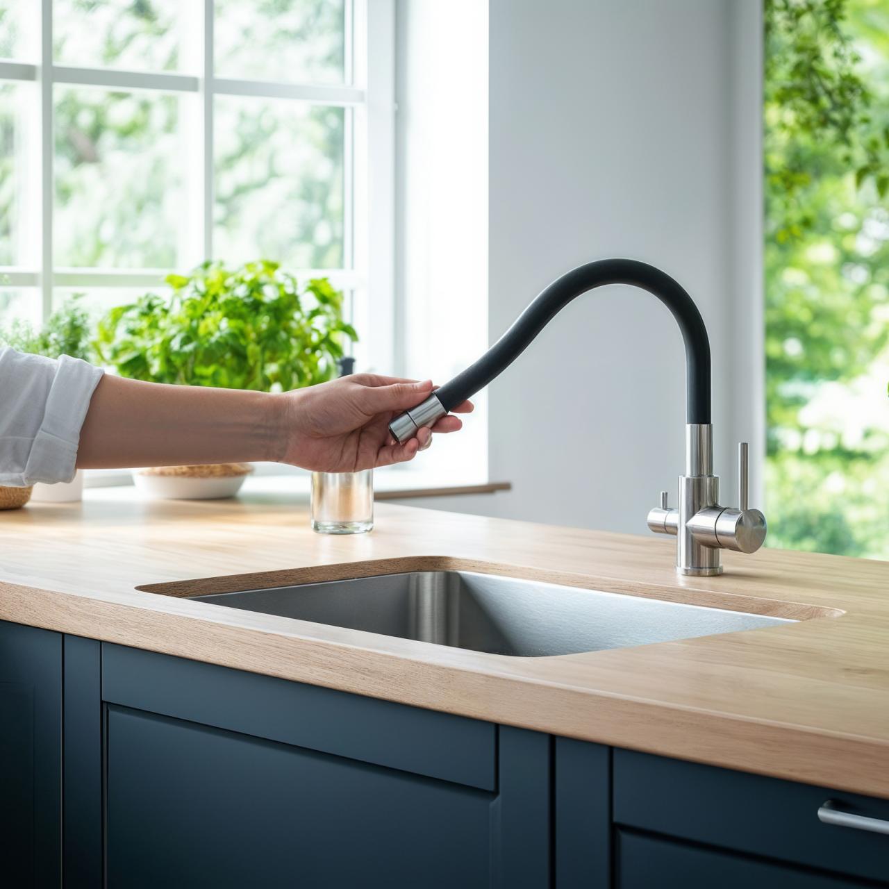 Rubinetto da cucina Quadri Selene in acciaio inox a 3 vie con beccuccio flessibile e connessione aggiuntiva per acqua filtrata 1208971407 - Productafbeelding 3