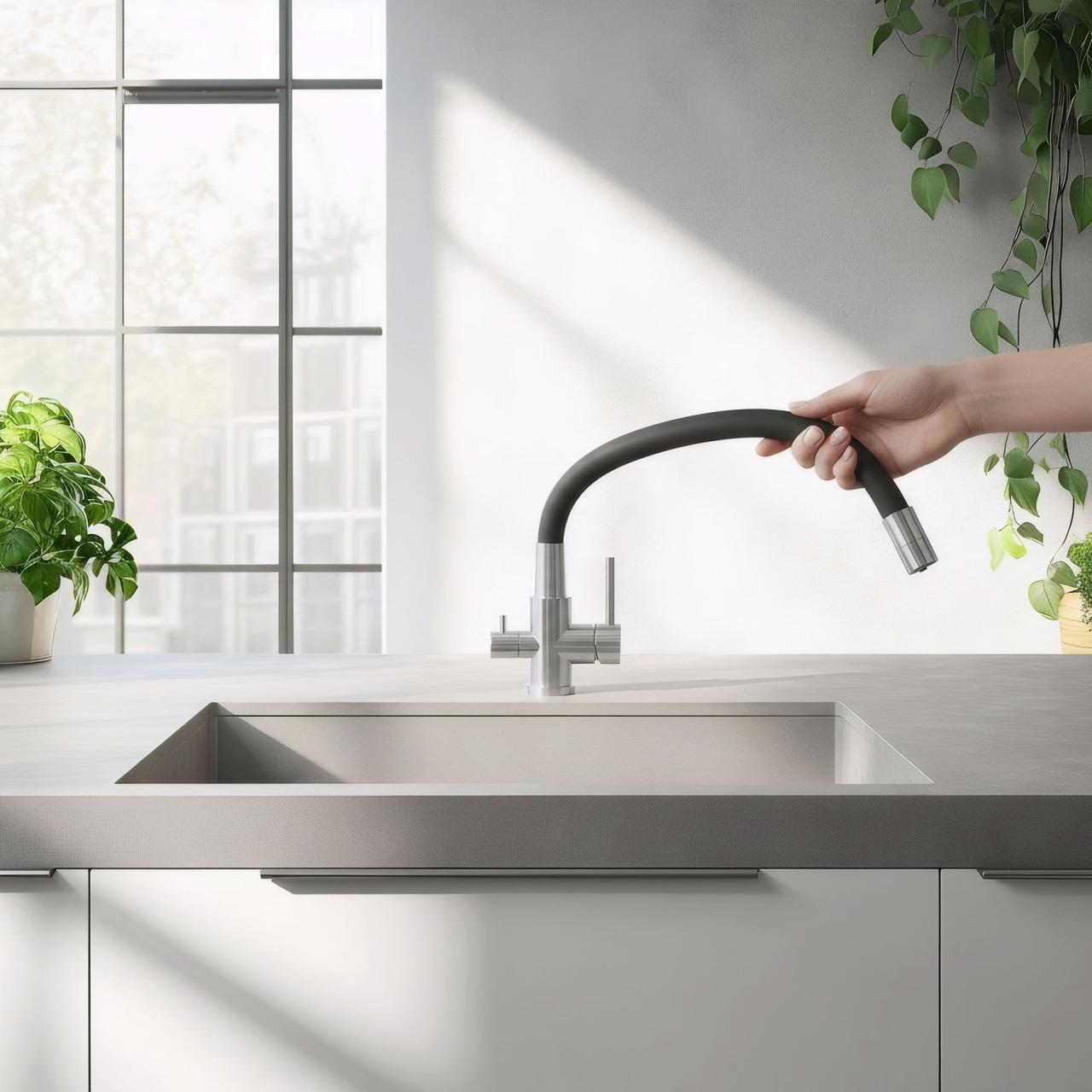 Rubinetto da cucina Quadri Selene in acciaio inox a 3 vie con beccuccio flessibile e connessione aggiuntiva per acqua filtrata 1208971407 - Productafbeelding 2