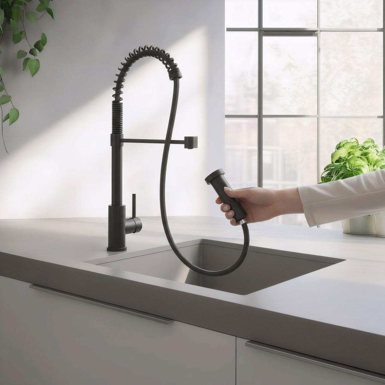 Rubinetto da cucina Quadri Redwick nero con bocchetta semi-flessibile e doccia con 2 tipi di getto più funzione di arresto dell'acqua 1208971410 - Productafbeelding 2