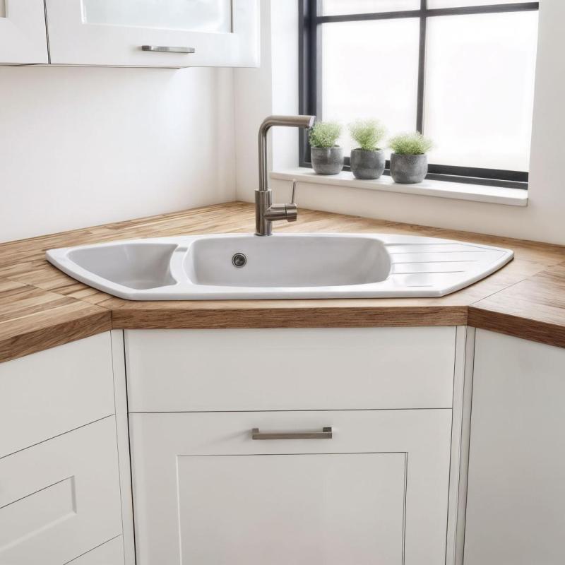 Graniteland Monte Lavello d'angolo in granito bianco da appoggio 901x538mm con tappo in acciaio inossidabile 1208971415