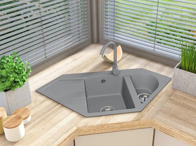 Graniteland Amiata Granito grigio Lavello d'angolo da incasso 965x496mm con tappo in acciaio inossidabile 1208971419