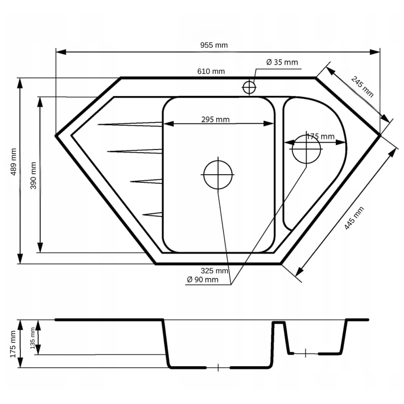 Graniteland Amiata Lavello angolare in granito grigio da incasso 955x489 mm con tappo in acciaio inox 1208971419