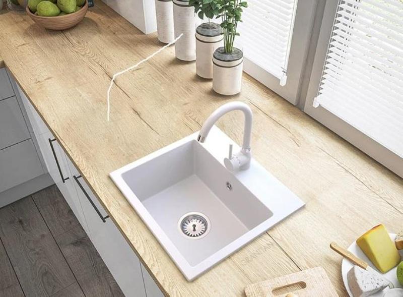 Graniteland Nera Lavabo in granito 45x42 cm Bianco da incasso con foro per rubinetto e tappo in acciaio inossidabile 1208971435