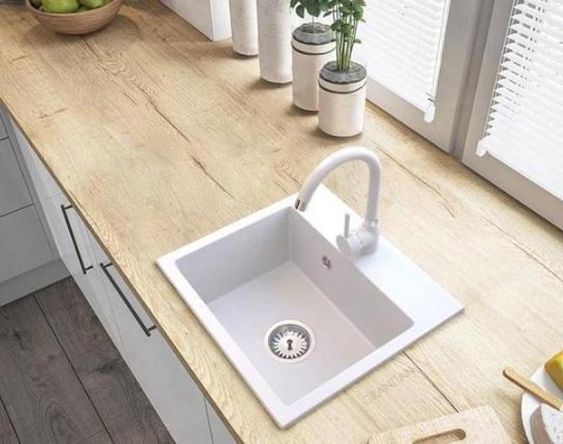 Graniteland Nera Lavabo in granito 45x42 cm Bianco da incasso con foro per rubinetto e tappo in acciaio inossidabile 1208971435