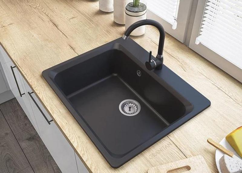 Graniteland Vastone Lavabo in granito 619x522 mm Nero con foro per rubinetto e tappo in acciaio inossidabile 1208971443