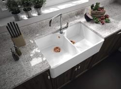 Ausmann Ceramic Mira Lavandino doppio in ceramica bianca - Sottotop e intermedio 793 x 450 mm con foro per rubinetto e tappo in rame 1208971477