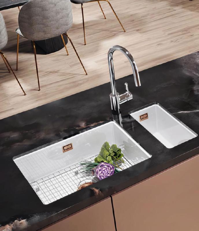 Ausmann Ceramic Ember Lavabo Ceramico Bianco Semi-incasso e Sottotop 174 x 400 mm con Tappo di Rame 1208971502