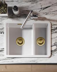 Ausmann Ceramic Ember Lavandino Ceramico Bianco da Un e Mezzo da Incasso e da Sottopiano 535 x 400 mm con Tappi Dorati 1208971506