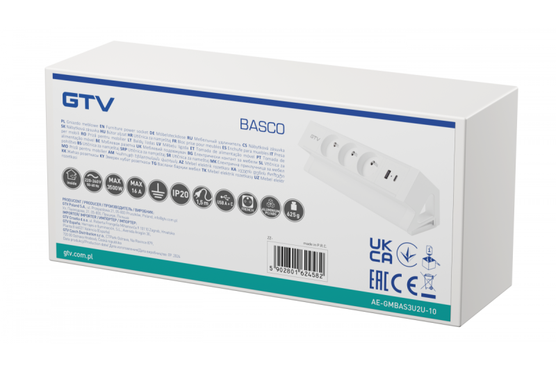 Presa per mobili Basco, 3 x presa con messa a terra, USB A+C, cavo da 1,5 m, bianco con montaggio
