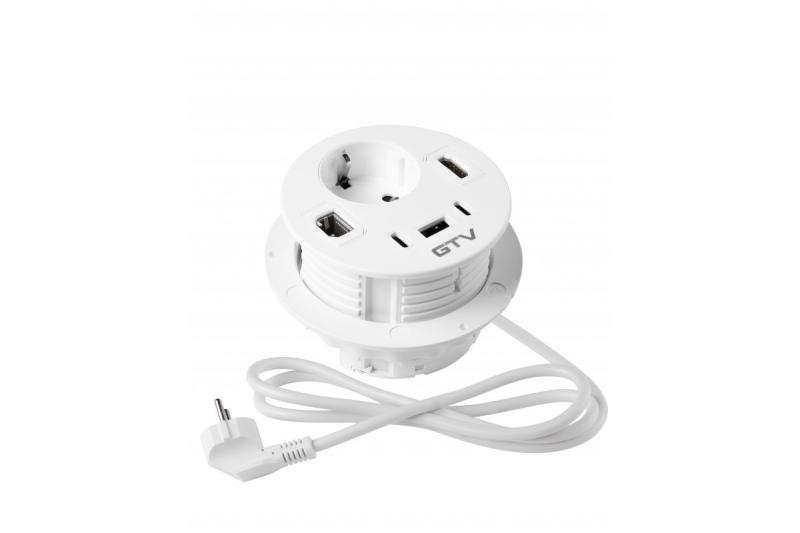 Presa da mobili RONDO, 1xSHUKO, 1xUSB-A, 2xUSB-C, HDMI, cavo RJ45 1,5 m, bianca