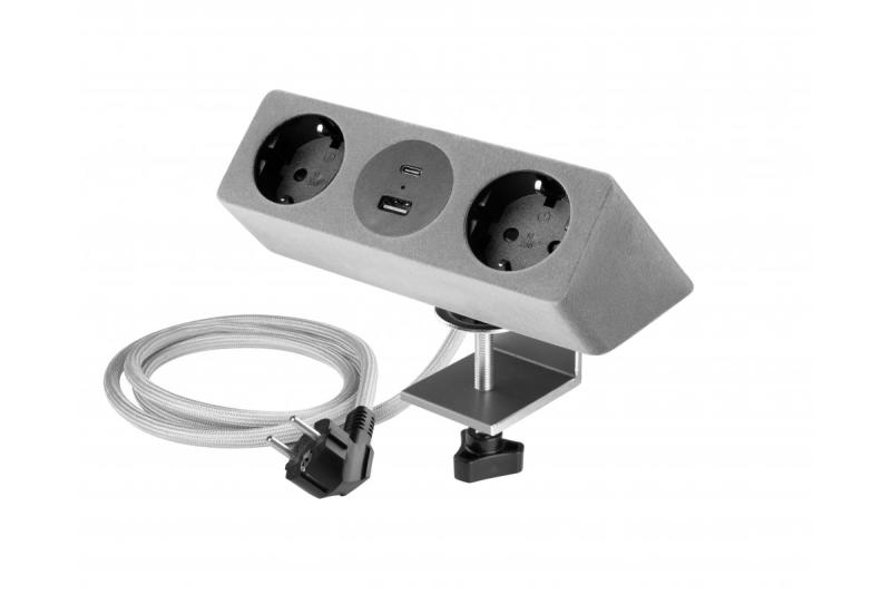 Presa per mobili SOFITO, 2xSCHUKO, USB A+C, cavo 1,5 m, grigio flock