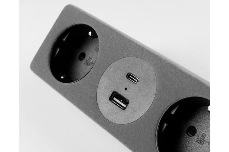 Presa per mobili SOFITO, 2xSCHUKO, USB A+C, cavo 1,5 m, grigio flock