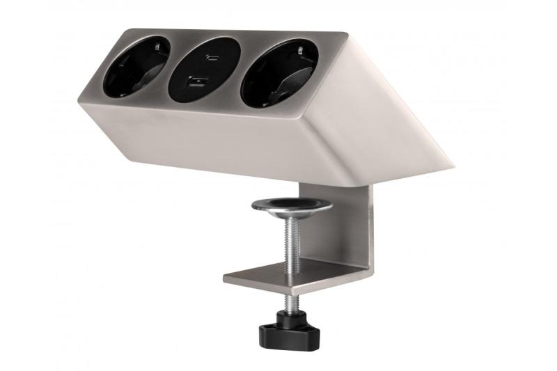 Presa per mobili SOFITO, 2xSCHUKO, USB A+C, cavo 1,5 m, acciaio inossidabile