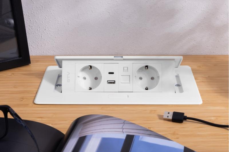 Presa per mobili MULTISOFT, 2xSHUKO, USB A+C, RJ45, cavo 1,5 m, bianco