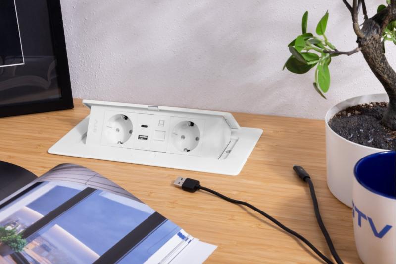 Presa per mobili MULTISOFT, 2xSHUKO, USB A+C, RJ45, cavo 1,5 m, bianco