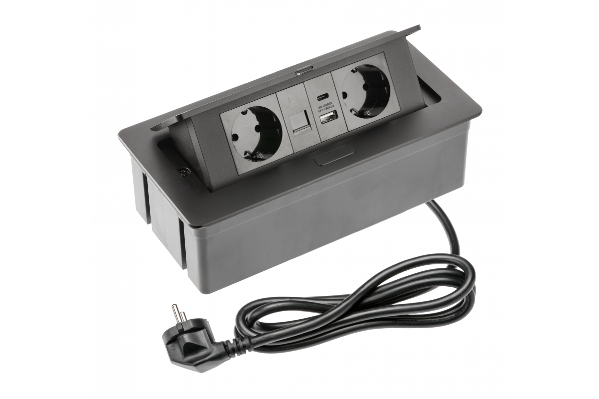 Presa per mobili MULTISOFT, 2xSHUKO, USB A+C, RJ45, cavo 1,5 m, nero - Productafbeelding 2