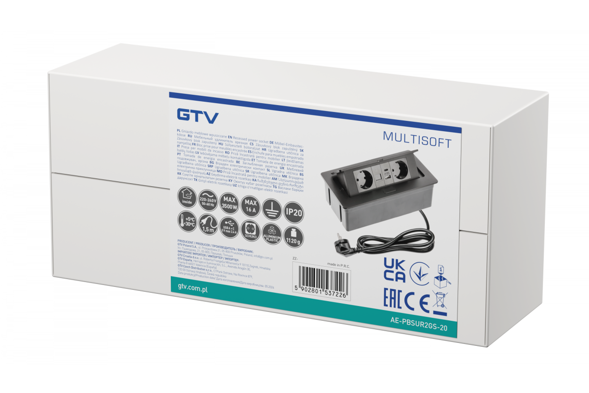 Presa per mobili MULTISOFT, 2xSHUKO, USB A+C, RJ45, cavo 1,5 m, nero - Productafbeelding