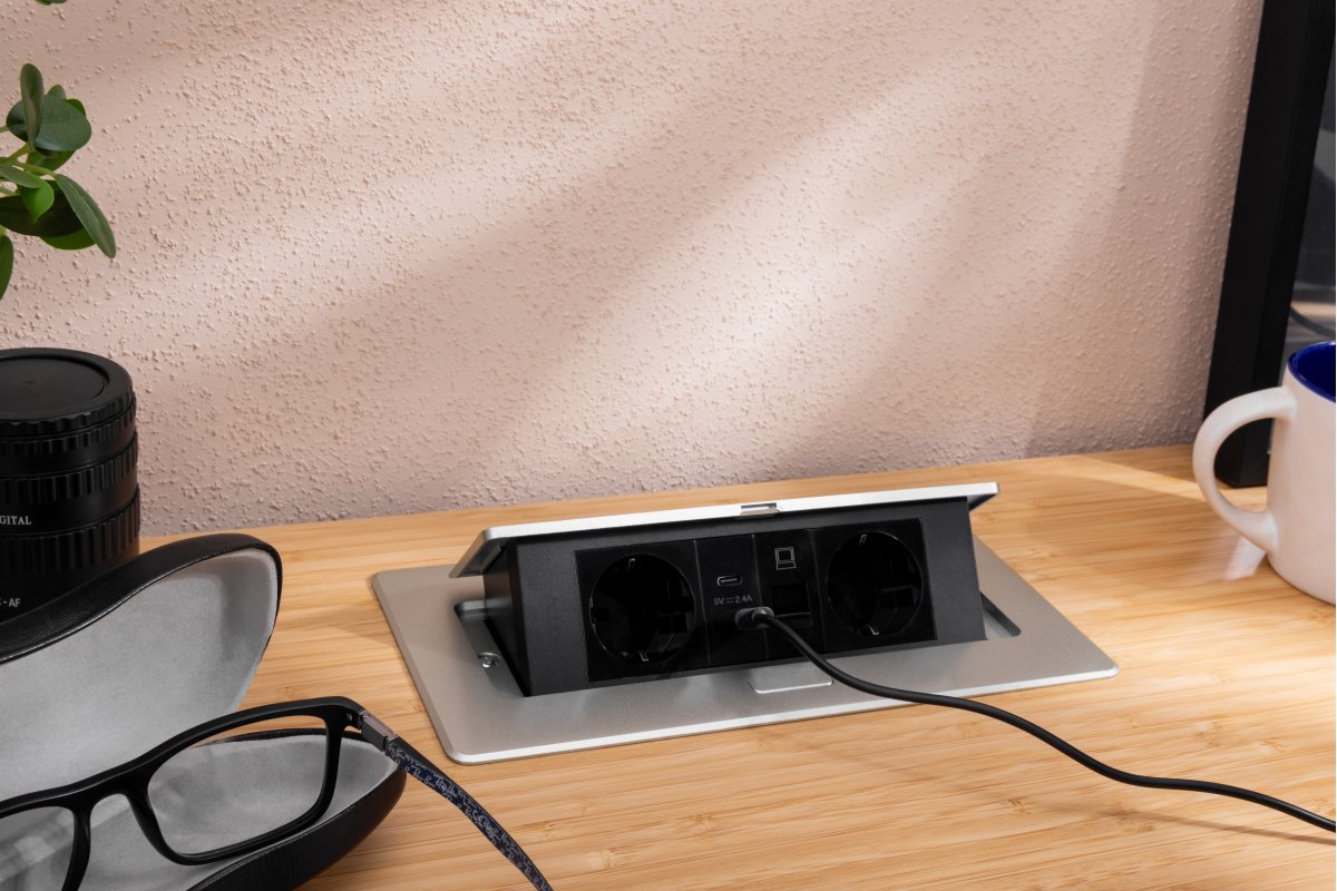 Presa per mobili MULTISOFT, 2xSHUKO, USB A+C, RJ45, cavo 1,5 m, alluminio - Productafbeelding 4