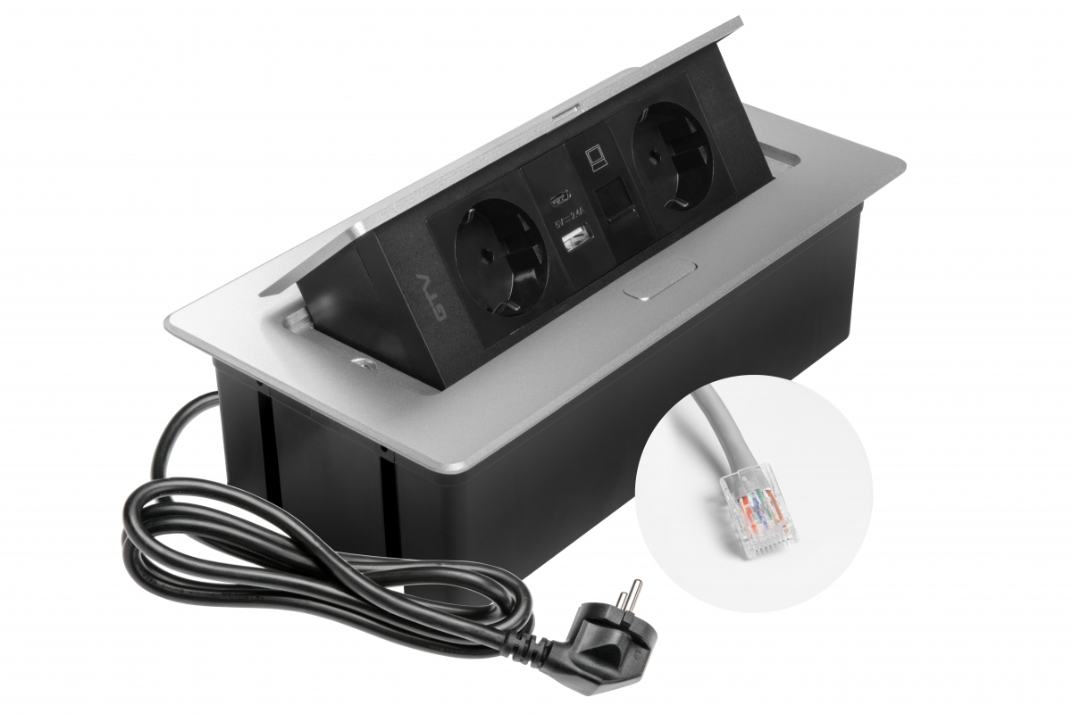 Presa per mobili MULTISOFT, 2xSHUKO, USB A+C, RJ45, cavo 1,5 m, alluminio - Productafbeelding 14