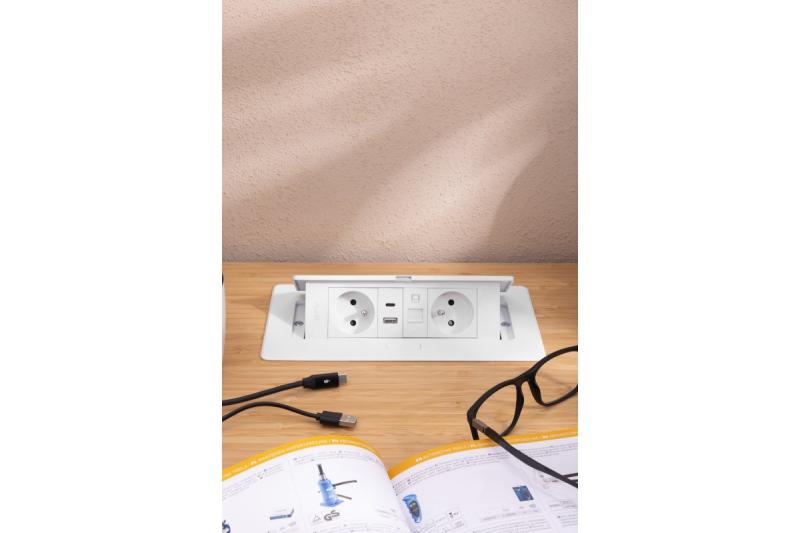 Presa per mobili MULTISOFT 2x Presa con messa a terra, USB A+C, RJ45, cavo di alimentazione con spina, Bianco